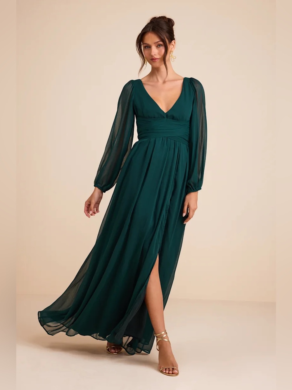 Lulus Enchant My Love Emerald Green V-Neck Long Sleeve Maxi Dress xl nwot